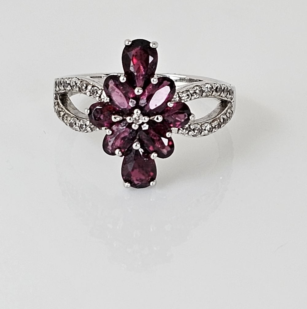 Genuine Rhodolite Garnet Cluster Ring Rhodium over Sterling Silver Size 8!